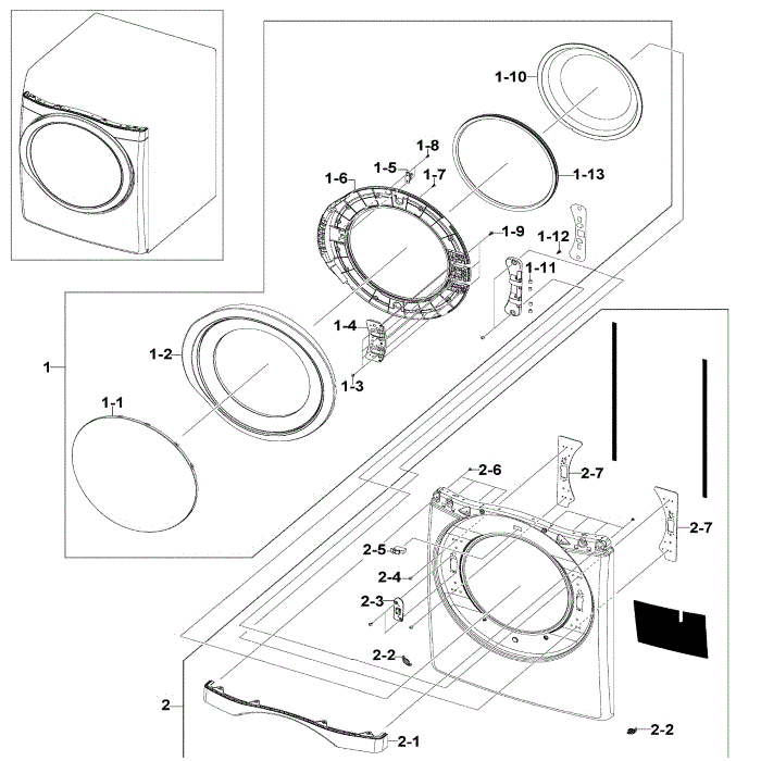 Front / Door Assembly Diagram and Parts List for DV520AGP XAA-01 Samsung Dryer