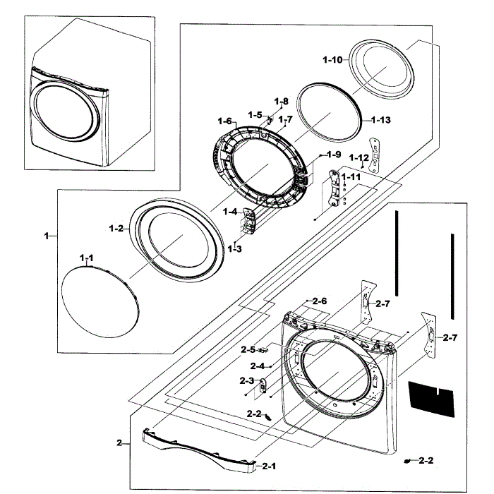 Front / Door Assembly Diagram and Parts List for DV520AGP XAA-02 Samsung Dryer