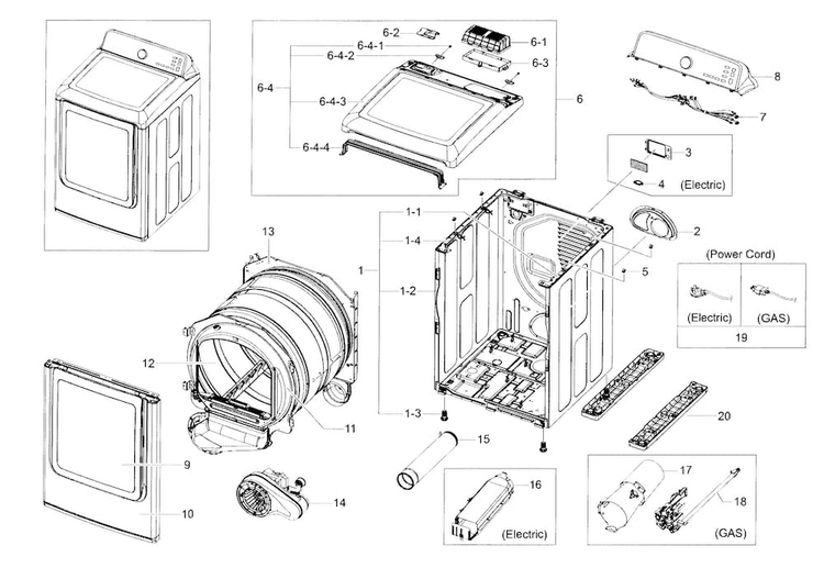 Main Asy Diagram and Parts List for A2-0000 Samsung Dryer