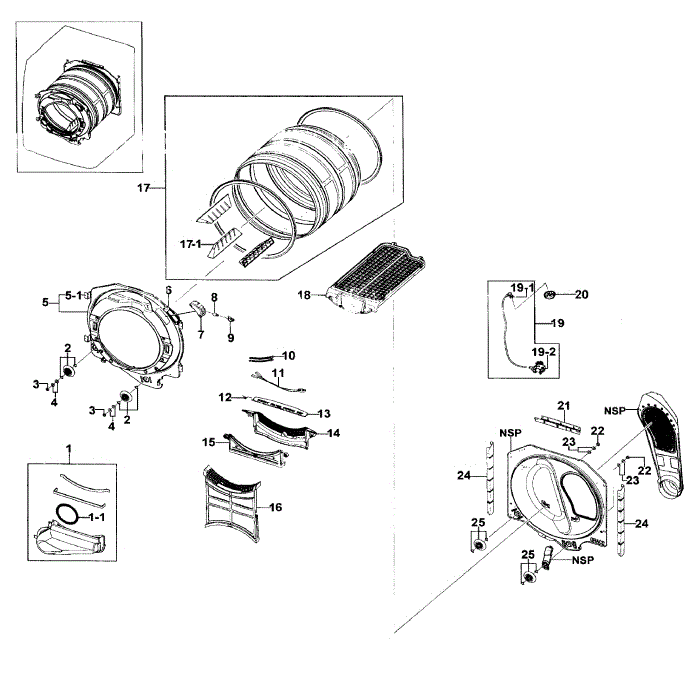 Drum Assembly Diagram and Parts List for DV511AER XAA-01 Samsung Dryer