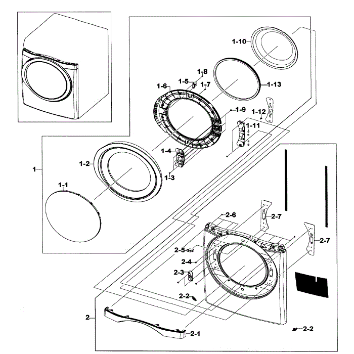 Front / Door Assembly Diagram and Parts List for DV520AGP XAA-04 Samsung Dryer