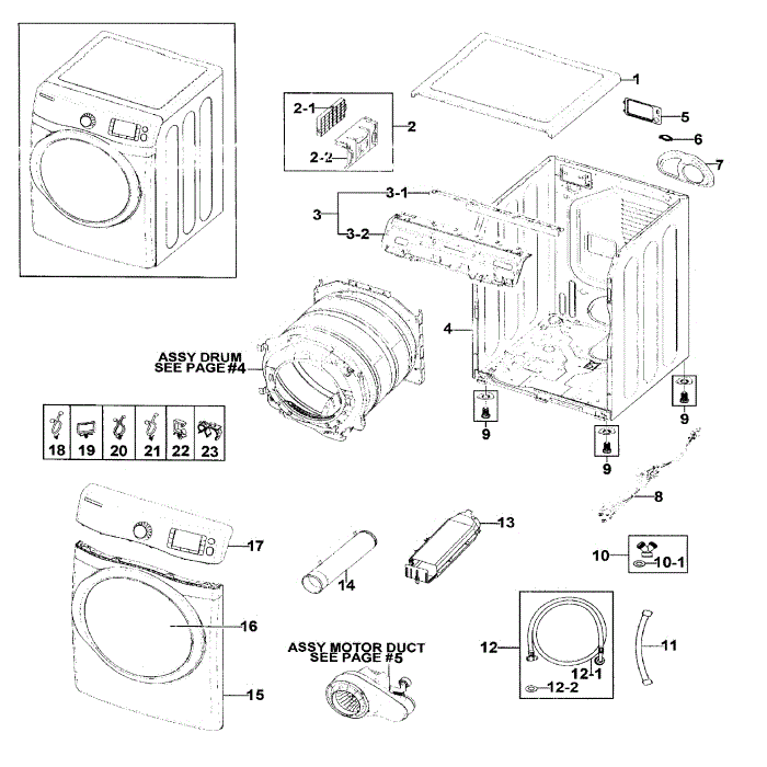 Main Assembly Diagram and Parts List for DV511AER XAA-02 Samsung Dryer