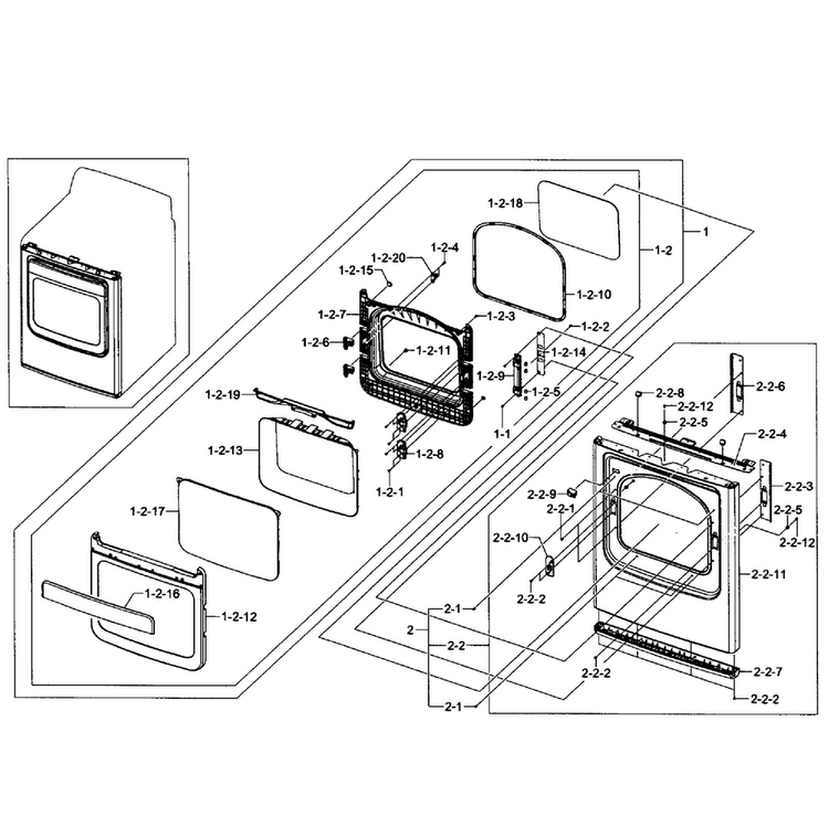 Front/door Diagram and Parts List for A1-0001 Samsung Dryer