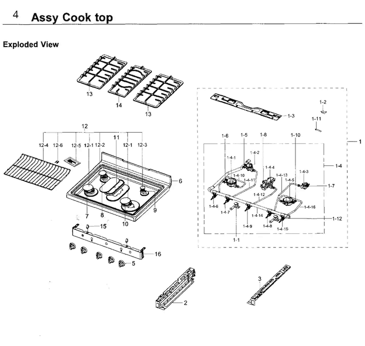 Cooktop Diagram and Parts List for AA-0000 Samsung Range