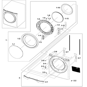 Frame Front And Door Diagram and Parts List for DV520AGP XAA-0004 Samsung Dryer