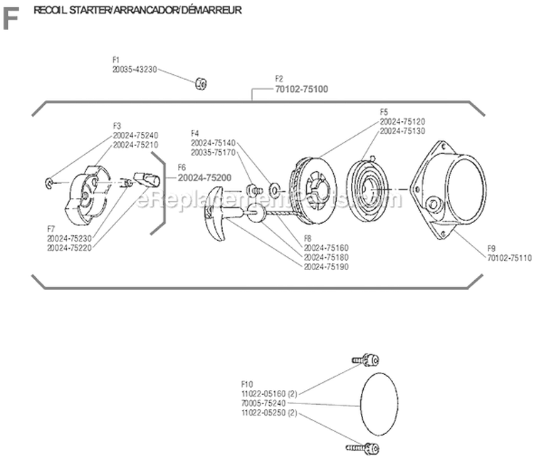 Page F Diagram and Parts List for  Shindaiwa Brush Cutter