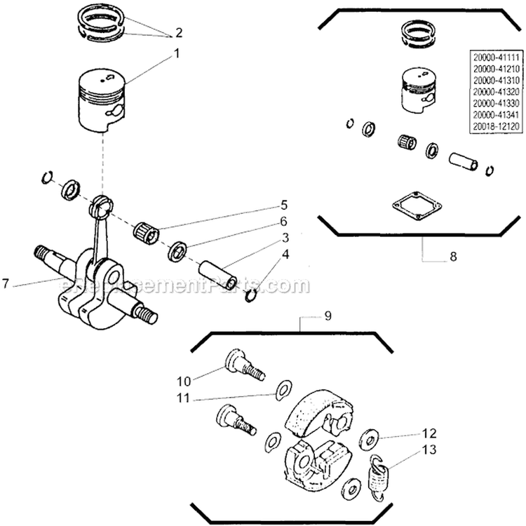 Clutch, Piston Diagram and Parts List for  Shindaiwa Edger