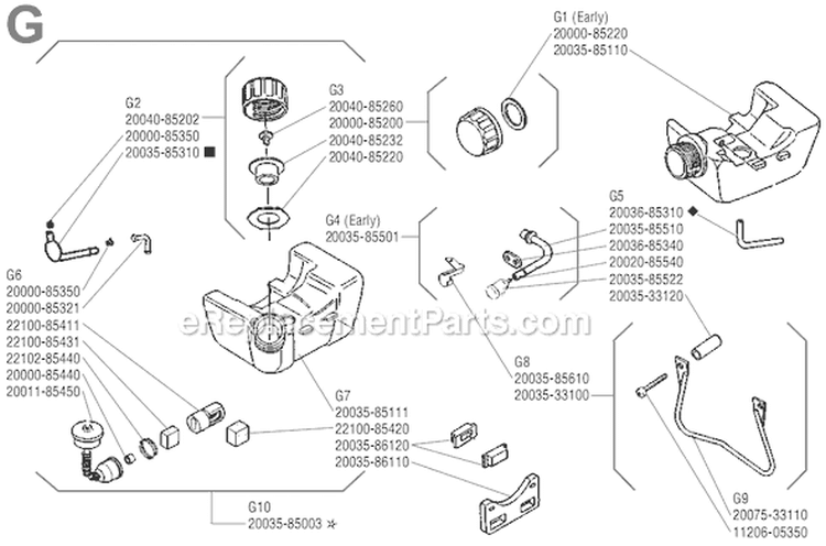 Page G Diagram and Parts List for  Shindaiwa Trimmer