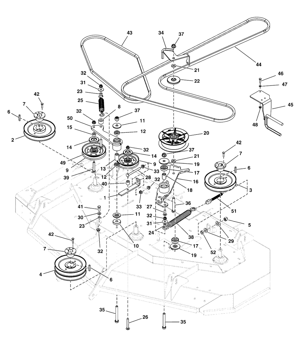 61-Inch Mower Deck - Pulleys, Belts And Idler Arms (2 Belt System) Diagram and Parts List for  Simplicity Lawn Tractor