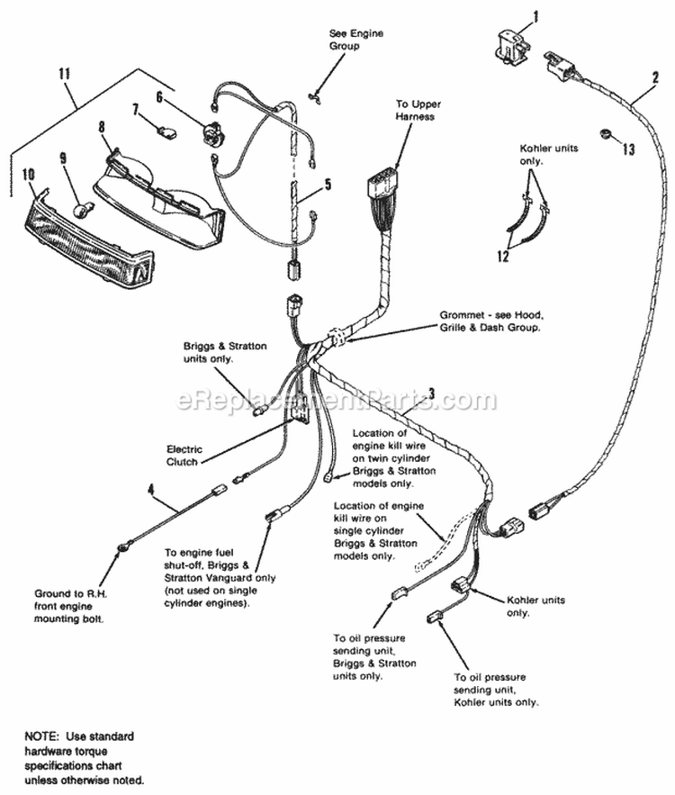 Electrical Group (Lower Harness) Diagram and Parts List for  Simplicity Lawn Tractor