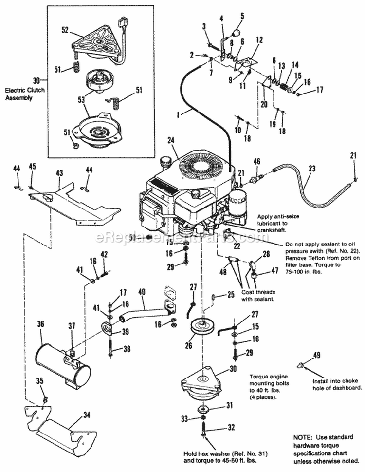 Engine Group - Electric Clutch (Single Cylinder Kohler) Diagram and Parts List for  Simplicity Lawn Tractor