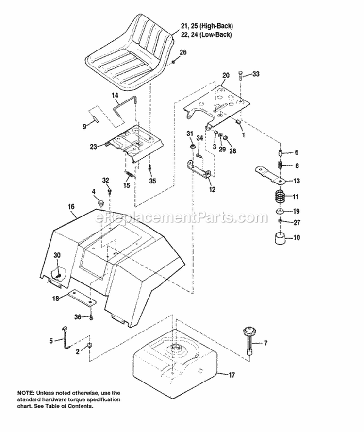 Seat Deck  Fuel Tank Diagram and Parts List for  Simplicity Lawn Tractor
