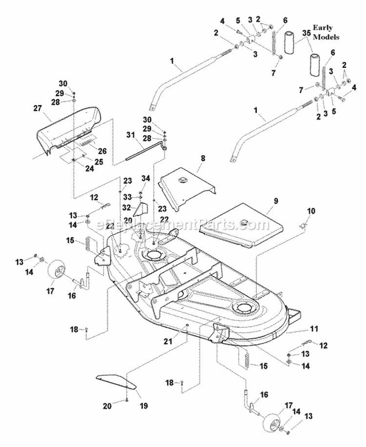 54 Mower Deck - Housing Cover  Gauge Wheel Group (985628) Diagram and Parts List for  Simplicity Lawn Tractor