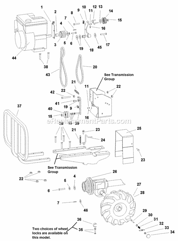 Engine Belts  Wheels Group (986106) Diagram and Parts List for  Simplicity Tiller