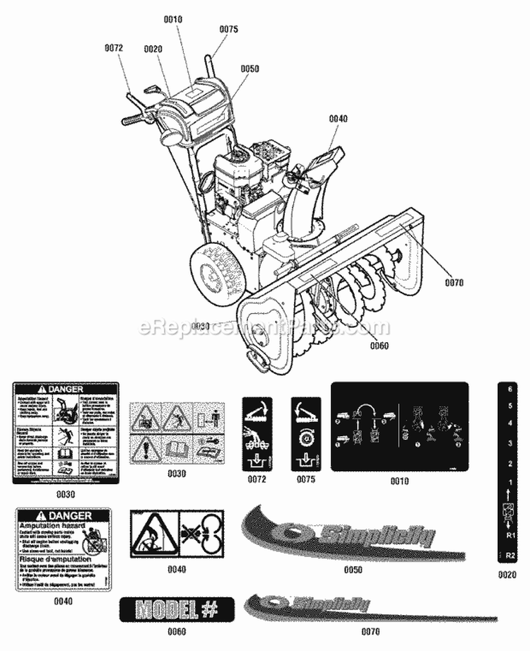 Decals Group (2988978 2988980 2989191 2989193 2989675 2989680 2989706 2989708) Diagram and Parts List for  Simplicity Snow Blower