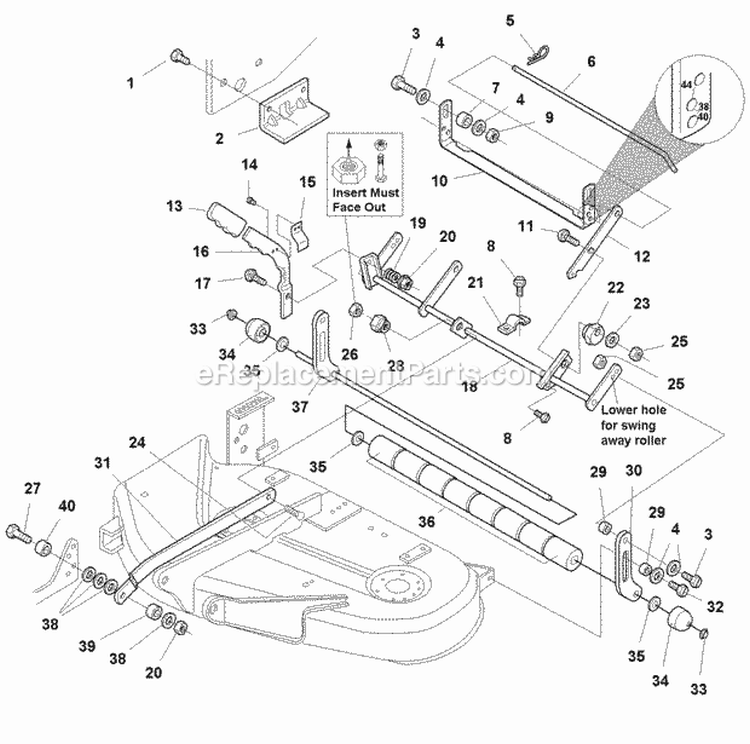 38 Mower Deck - Height Adjustment  Roller Bar Group (985582) Diagram and Parts List for  Simplicity Lawn Tractor