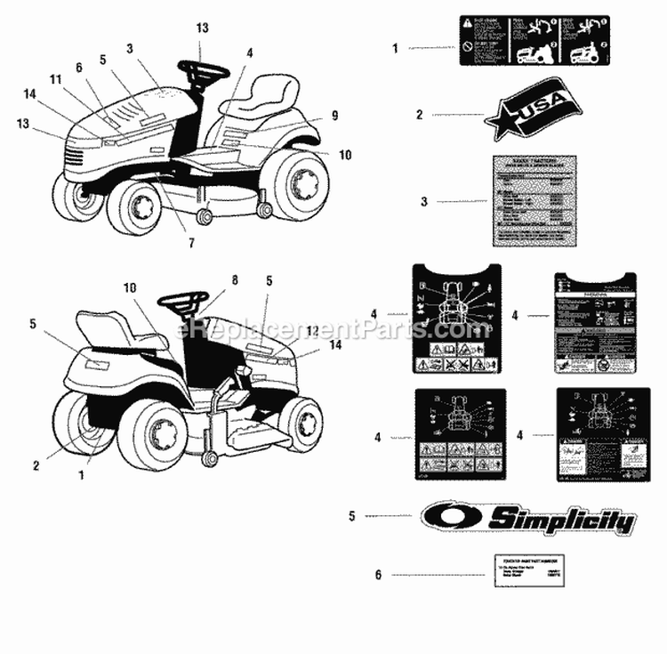 Decals Group (986697 986698 986699 986700 986701 986702 986789 986826 986829 986830 986883 985867 985868 985946 985947 985875 985876 986703 986705 986791 986886 986887 986888 986889 986890 986891 986892 986893 987111) Diagram and Parts List for  Simplicity Lawn Tractor