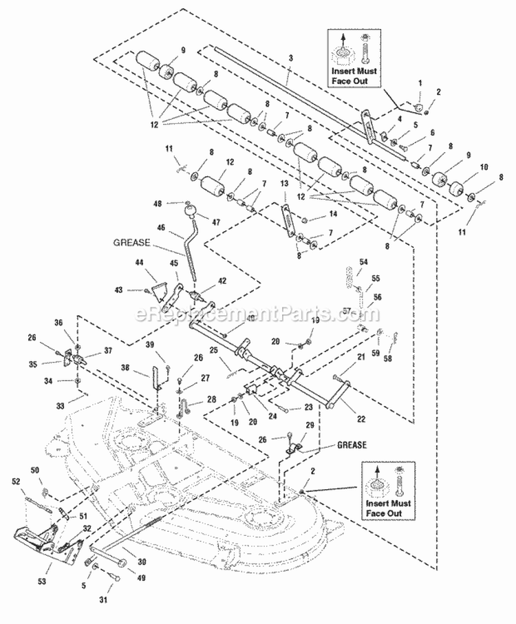 54 Mower Deck - Height Adjustment  Roller Bar Group (985975) Diagram and Parts List for  Simplicity Lawn Tractor
