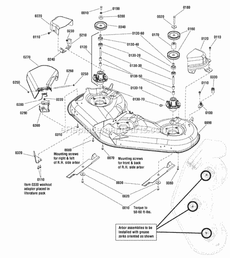 46  52 Mower Deck - Housing Arbors  Blades Group (988057 988061 988854 988855 2989498) Diagram and Parts List for  Simplicity Lawn Tractor