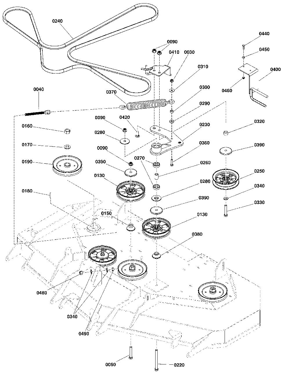 61-Inch Mower Deck - Pulleys, Belt, And Idler Arm Diagram and Parts List for  Simplicity Lawn Tractor