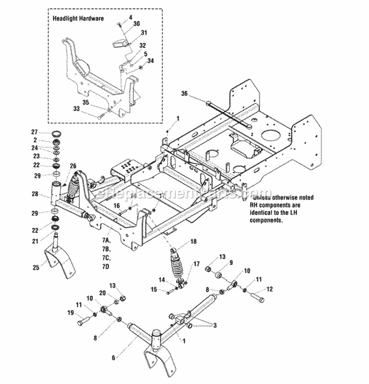 Main Frame  Front Suspension Group (432Frm0) Diagram and Parts List for  Simplicity Lawn Tractor