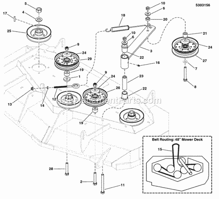 48 Mower Deck - Pulleys Belt  Idler Arm (5303156) Diagram and Parts List for  Simplicity Lawn Tractor