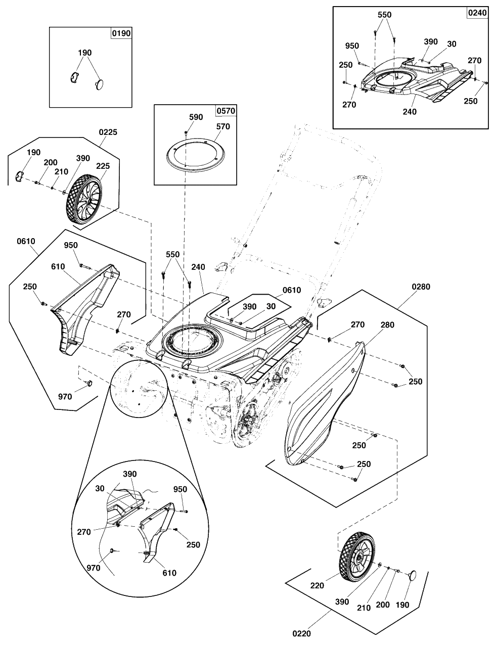 Wheel And Body Covering Group Diagram and Parts List for 1697142-00 Simplicity Snow Blower