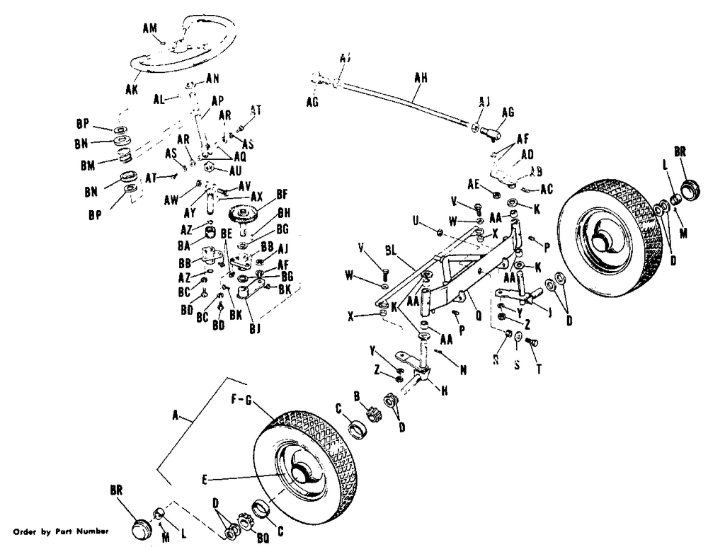 Front Wheels, Axle, Tie Rod And Steering Diagram and Parts List for 990168 Simplicity Lawn Tractor