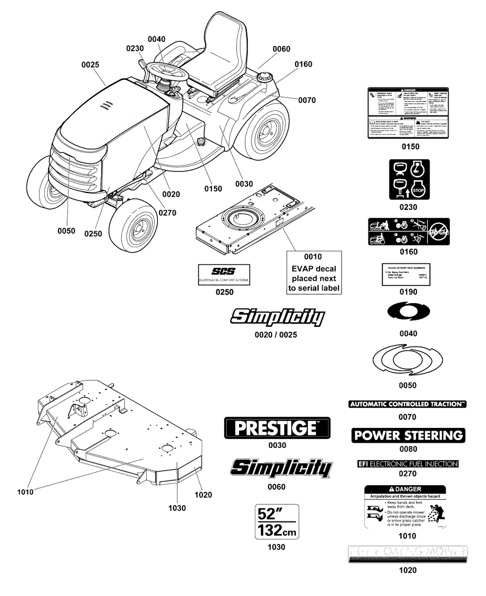 Decals Group Diagram and Parts List for  Simplicity Lawn Tractor