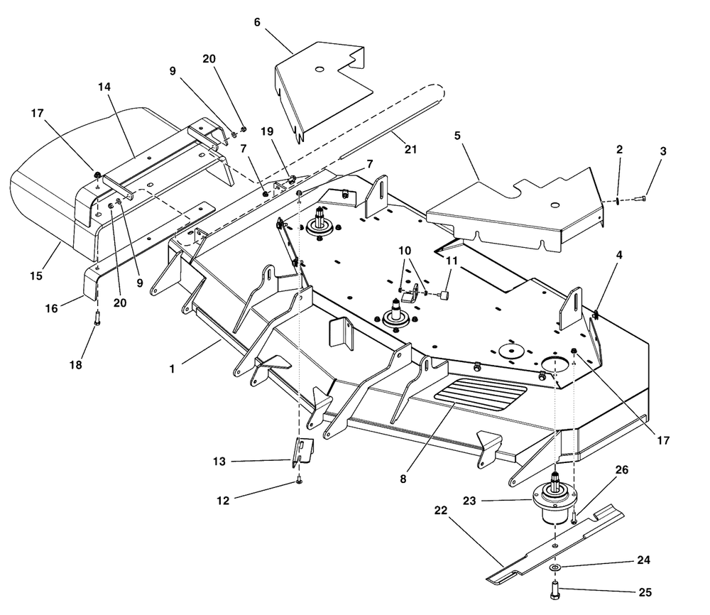 61-Inch Mower Deck - Housing, Covers, Spindles And Blades Diagram and Parts List for  Simplicity Lawn Tractor