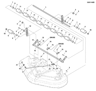 50-Inch Mower Deck - Rear Roller And Linkage Diagram and Parts List for 5900705 Simplicity Lawn Tractor