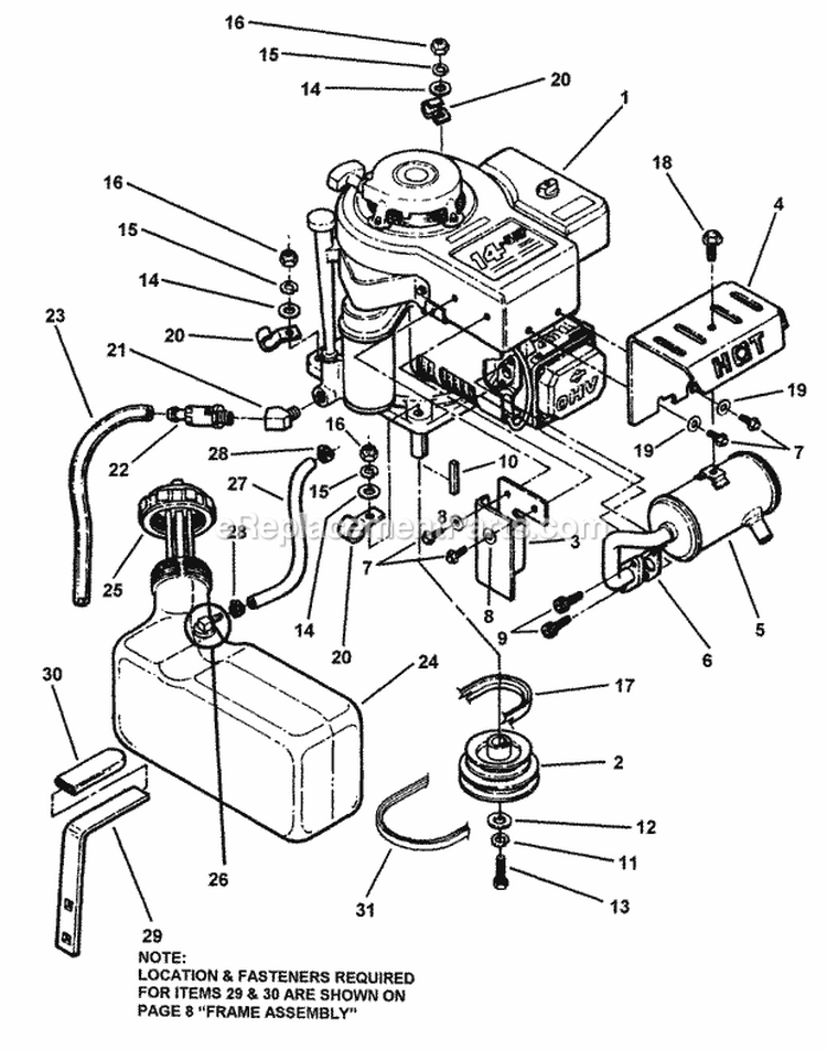 Engine And Fuel Tank Assemblies Diagram and Parts List for 84270 Snapper Lawn Tractor