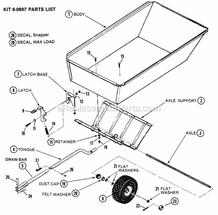 Dump Cart Accessory Diagram and Parts List for  Snapper Lawn Tractor