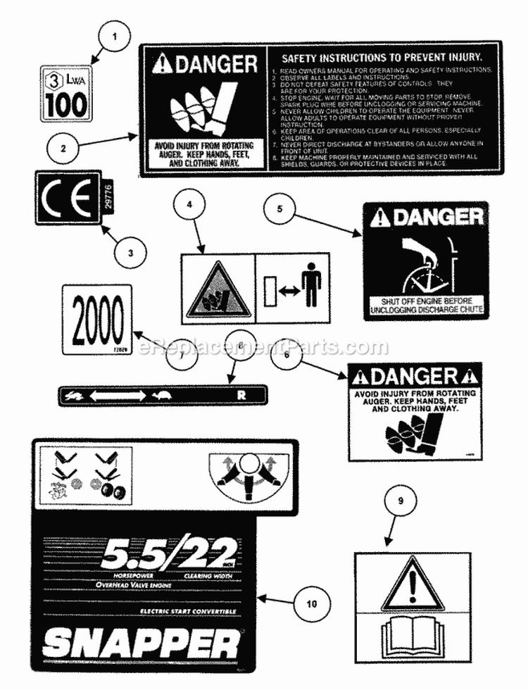 Decals (Part 1) Diagram and Parts List for  Snapper Snow Blower