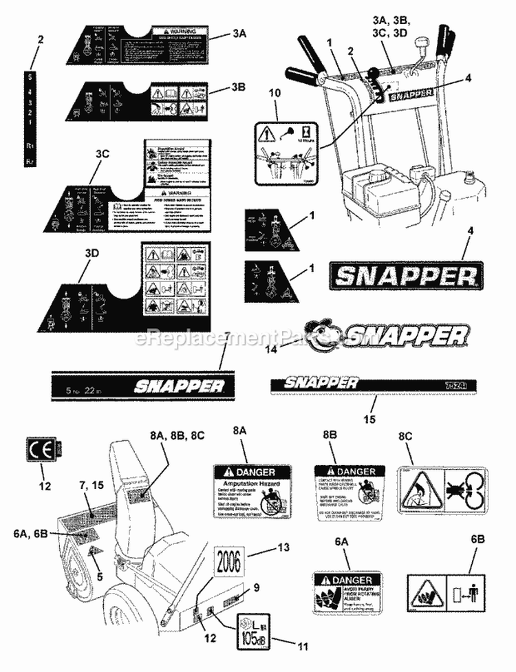 Decals Diagram and Parts List for 7800000 Snapper Snow Blower