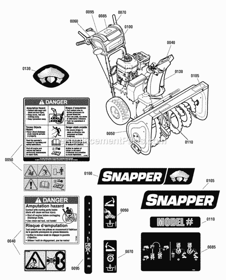 Decals Group Diagram and Parts List for 1696004 Snapper Snow Blower
