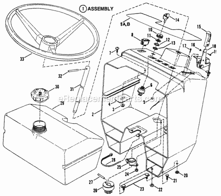 Steering Wheel Console Fuel Tank Diagram and Parts List for  Snapper Lawn Tractor