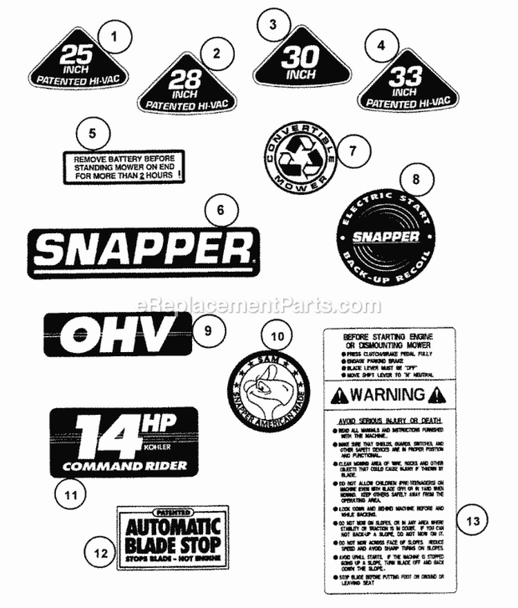 Decals (Series 16) (Part 1) Diagram and Parts List for  Snapper Lawn Tractor