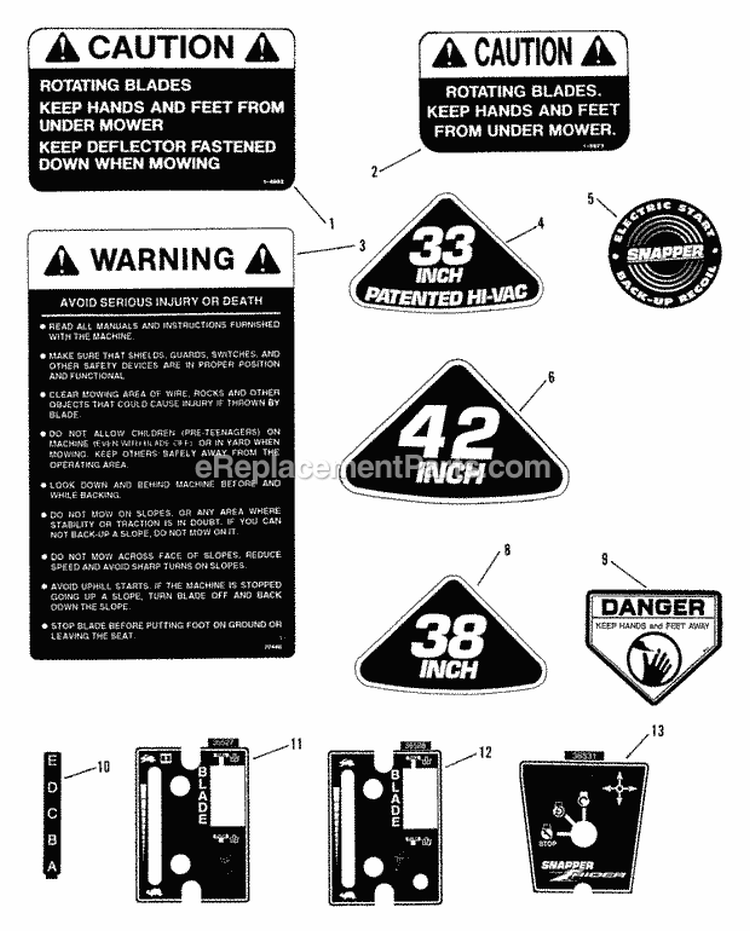 Decals (Part 1) Diagram and Parts List for  Snapper Lawn Tractor