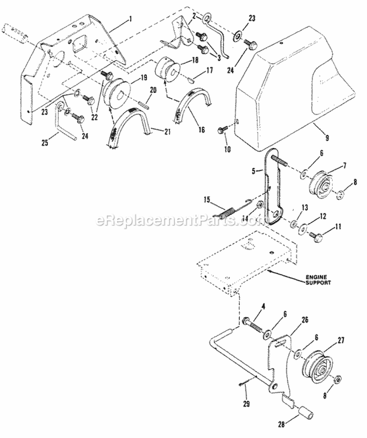 Engine Pulley Idler Clutch System Diagram and Parts List for  Snapper Snow Blower