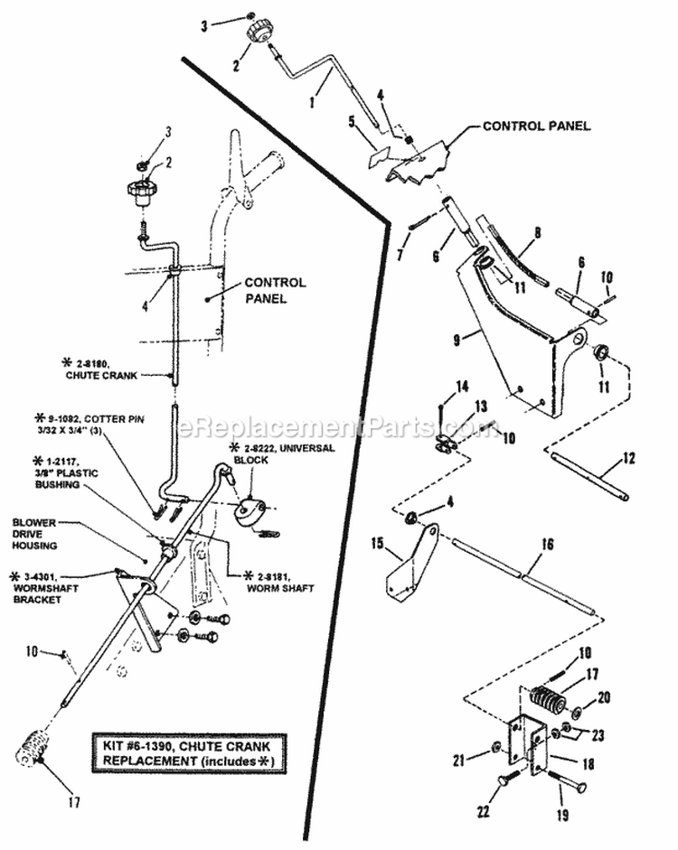 Flexible Shaft Chute Crank Control Diagram and Parts List for  Snapper Snow Blower
