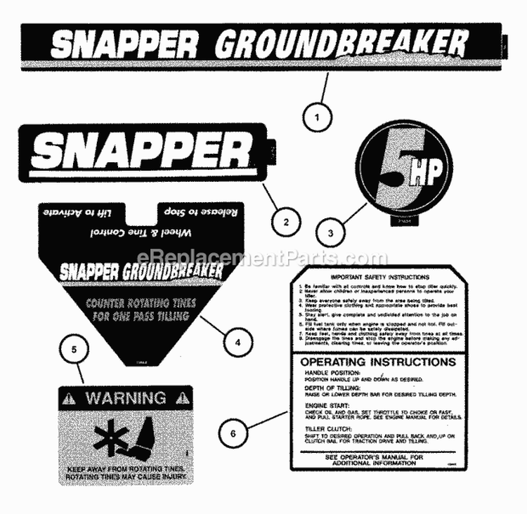 Decals Diagram and Parts List for 84433 Snapper Tiller