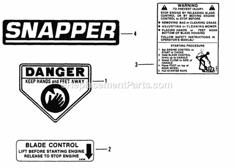 Decals (Part 1) Diagram and Parts List for  Snapper Lawn Mower