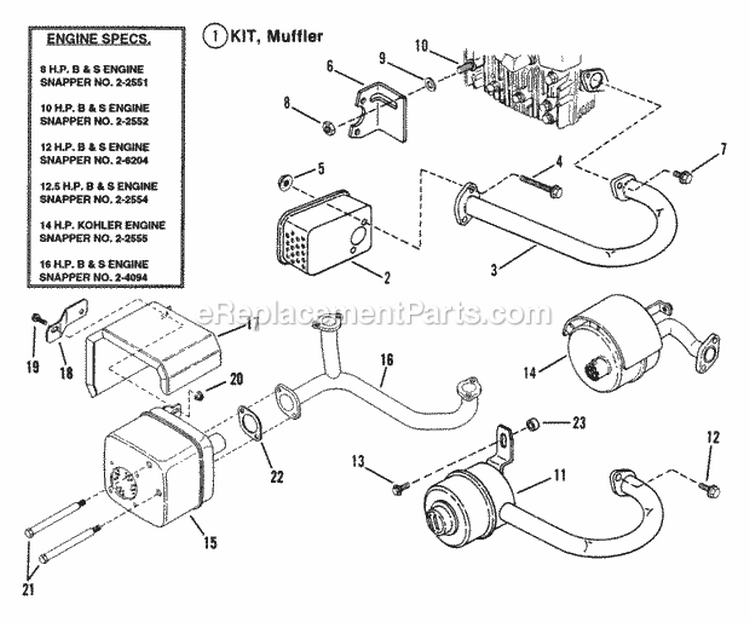 Exhaust Muffler  Engines Diagram and Parts List for  Snapper Lawn Tractor