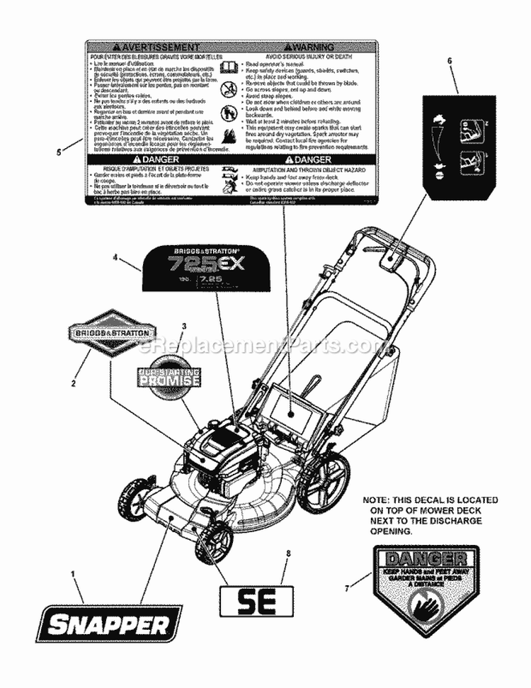 Decal Group Diagram and Parts List for 7800831 Snapper Lawn Mower