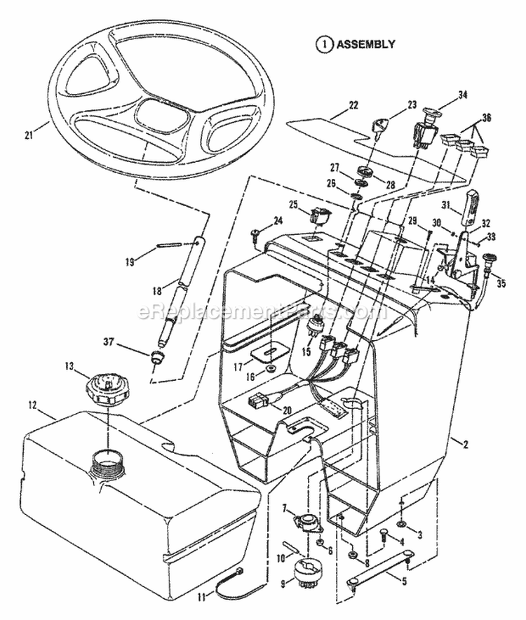 Steering Wheel Console Fuel Tank Diagram and Parts List for 84658 Snapper Lawn Tractor