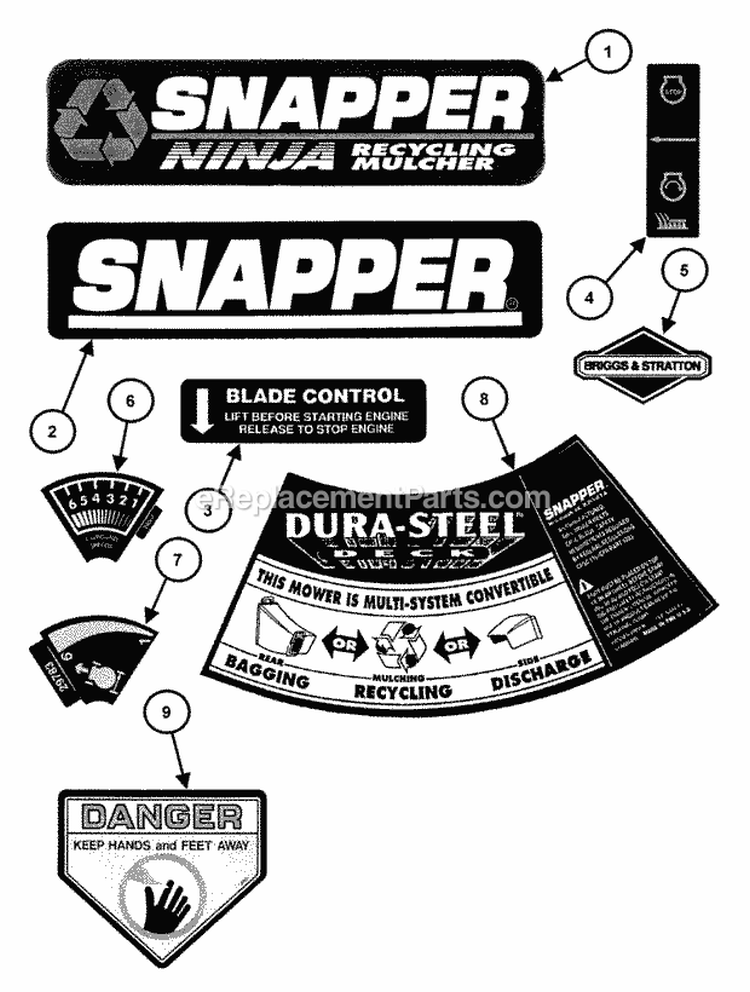 Decals (Part 1) Diagram and Parts List for  Snapper Lawn Mower