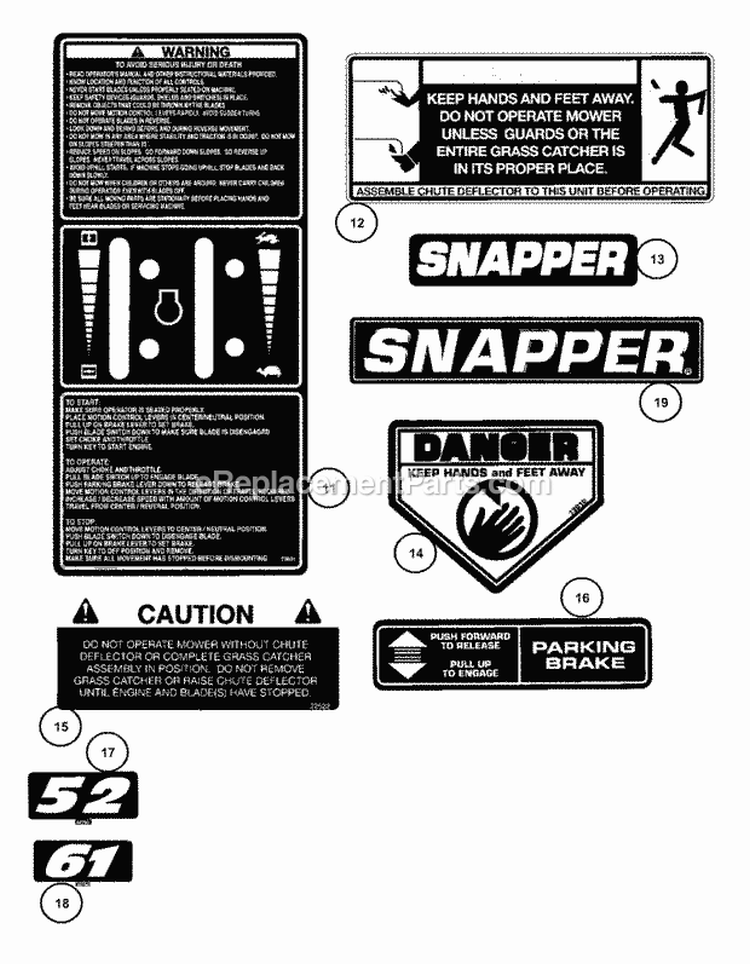 Decals (Part 2) Diagram and Parts List for  Snapper Lawn Tractor
