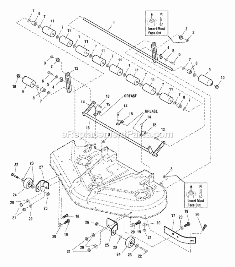 50 Mower Deck - Roller Bar Group Diagram and Parts List for 5091003 Snapper Lawn Tractor