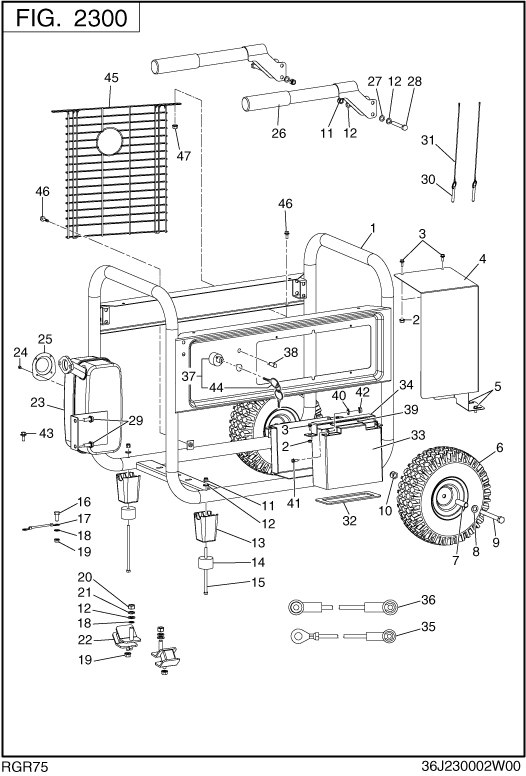 Pipe Frame Diagram and Parts List for RGR75052500 SGX7500 Subaru Generator